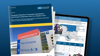 Snapshots of policy brief with image of hospital emergency room and infographic with map of Los Angeles County planning areas