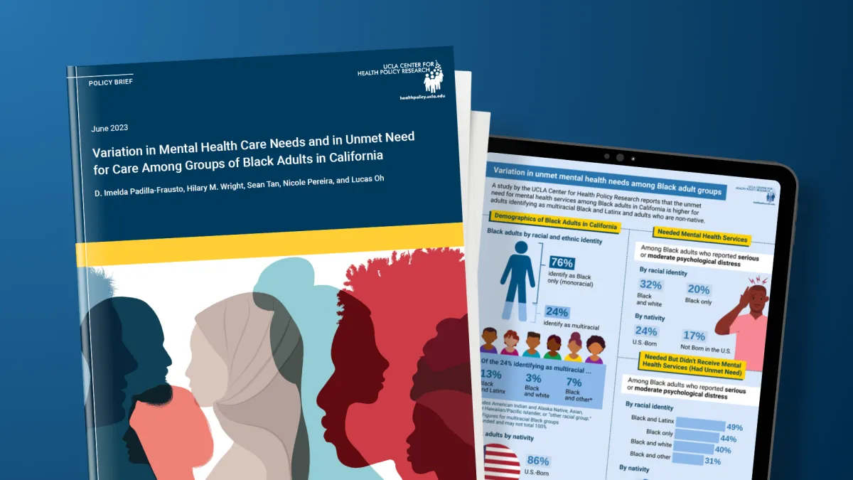 covers of mental health policy brief showing Black multiracial people and an infographic