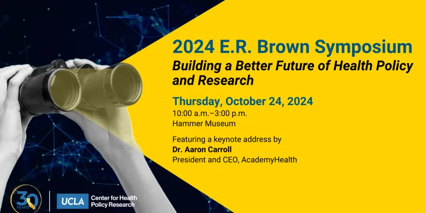 hands holding binoculars looking out into a yellow background with details about the 2024 ER Brown Symposium