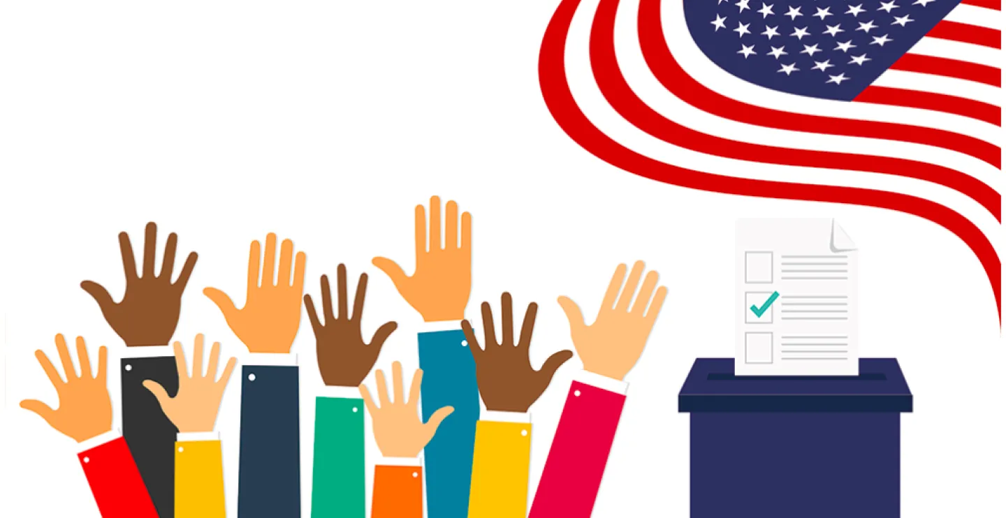 illustration shows diverse hands waving in air, U.S. flag, ballot box
