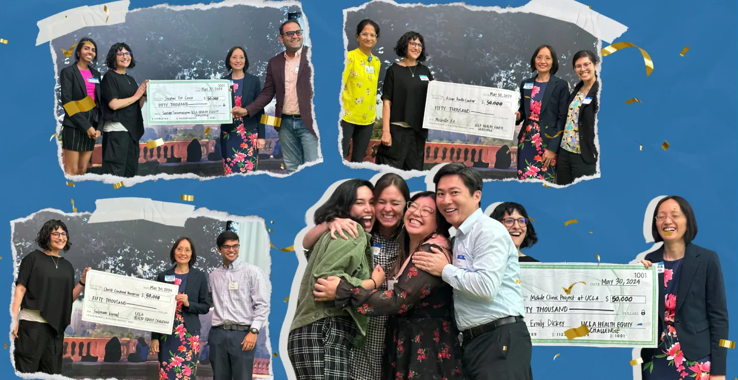 collage of photos of the four health equity challenge winners posing with their checks and funders