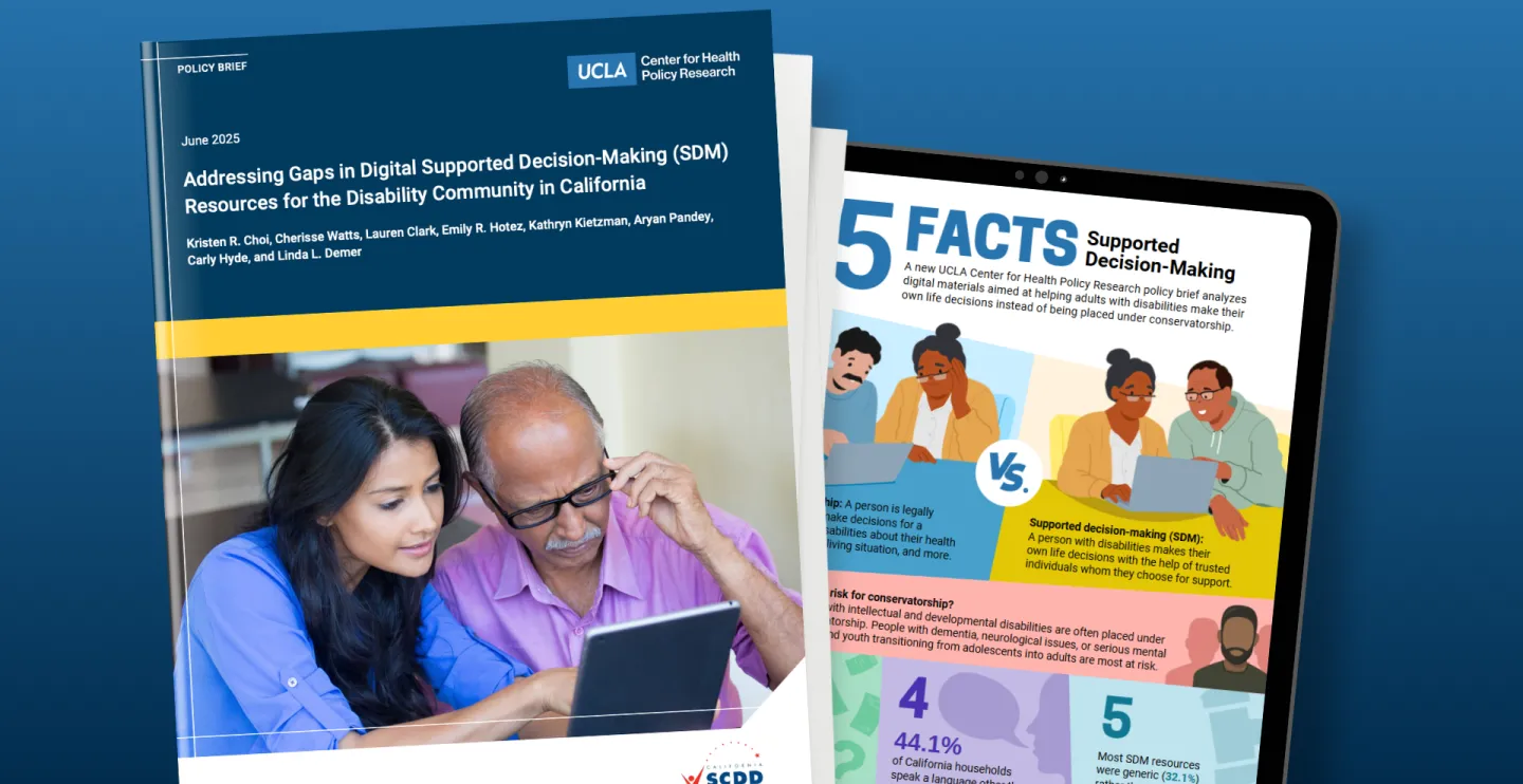supported decision making cover with woman and man looking at computer, plus infographic