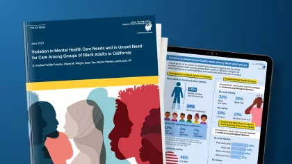 covers of mental health policy brief showing Black multiracial people and an infographic