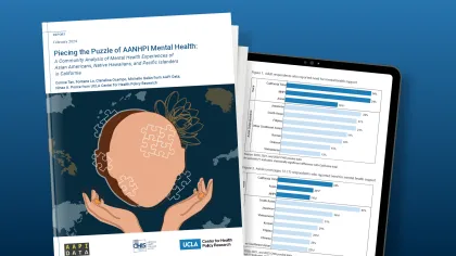 Illustration on the cover of AANHPI report shows a stylized face and hands