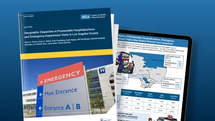 Snapshots of policy brief with image of hospital emergency room and infographic with map of Los Angeles County planning areas
