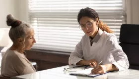 Doc at work. Focused doctor in glasses write diagnosis symptoms of mature woman patient in medical case. Female family therapist interview sick elderly lady take notes fill in paper declaration form