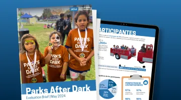 parks after dark evaluation brief cover with little girls wearing PAD shirts and showing medals and infographic in the background