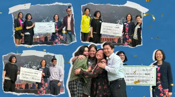 Collage of four photos of winners of the 2024 Health Equity Challenge. In each image the winners are posing with contest supporters and mentors.