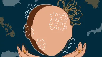 Illustration of one light brown head offcentered and overlaid on a darker brown head with white puzzle piece outlines covering them, symbolizing how mental health care is like assembling a puzzle.