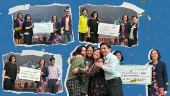 Collage of four photos of winners of the 2024 Health Equity Challenge. In each image the winners are posing with contest supporters and mentors.