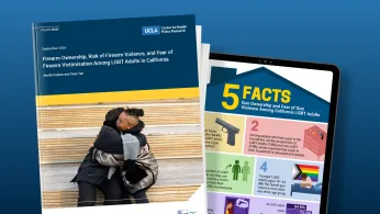 Report shows couple hugging, pad shows infographic with firearm facts